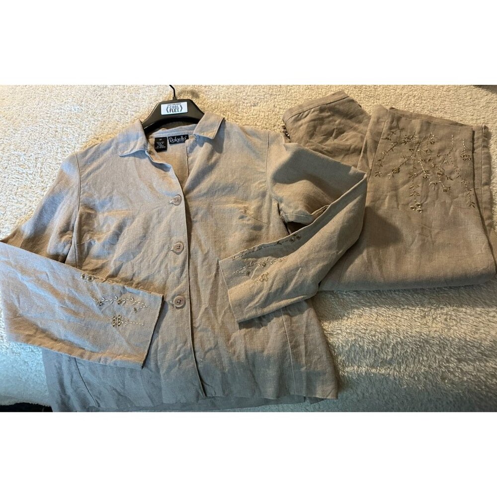 Rafaella Petites Womens Suit Beige Linen Embroidered Collared Button Classy 4P - Picture 4 of 11